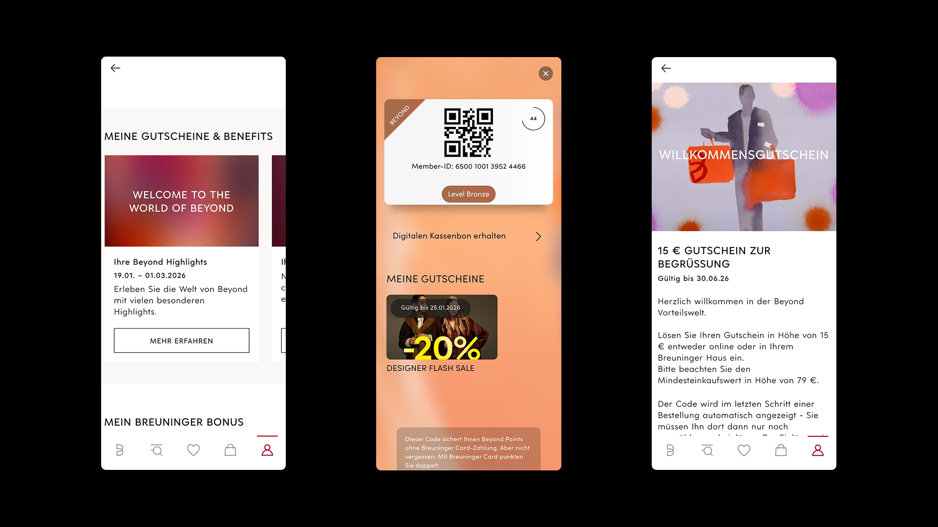 Drei App-Screens des bisherigen Gutscheinbereichs: Gutschein-Übersicht im Karussell, QR-Code-Ansicht und Gutschein-Detailseite