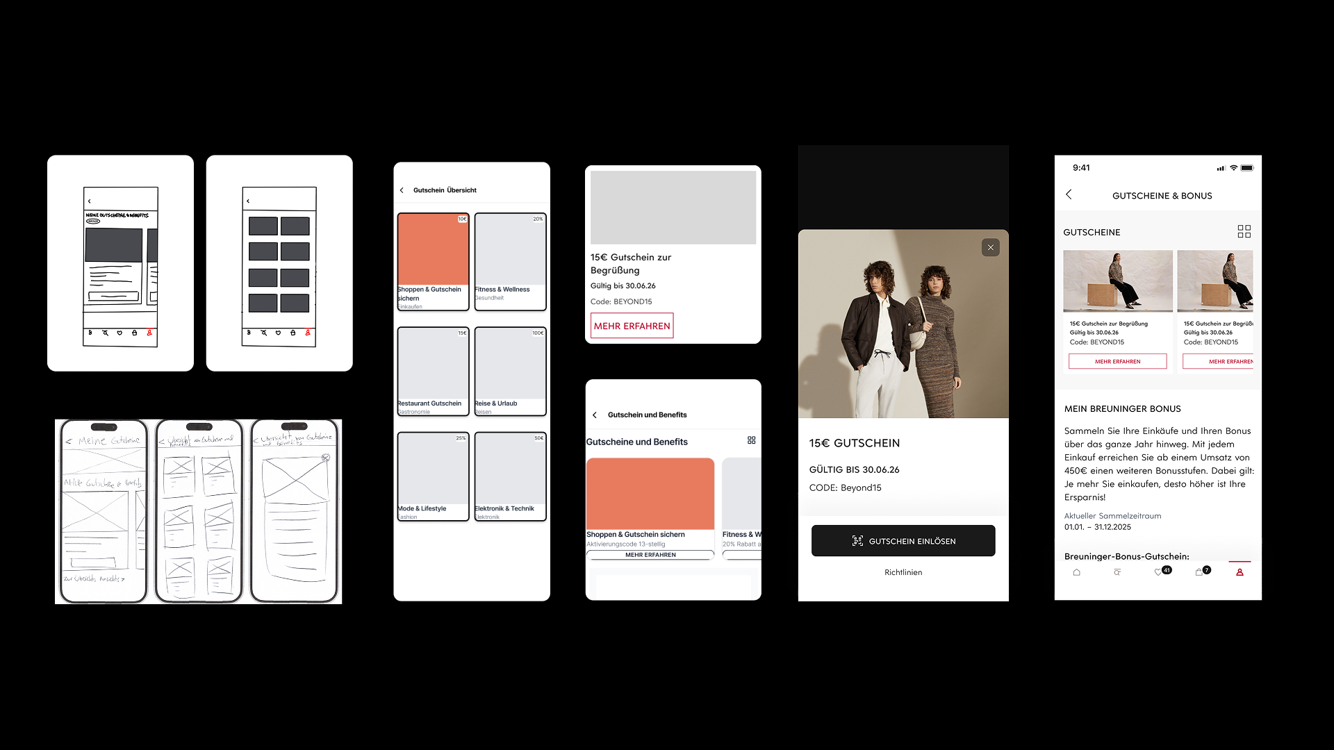 Zwischenergebnisse zum neuen Gutscheinbereich: Wireframes, Skizzen und erste Gutschein-Kachel-Layouts