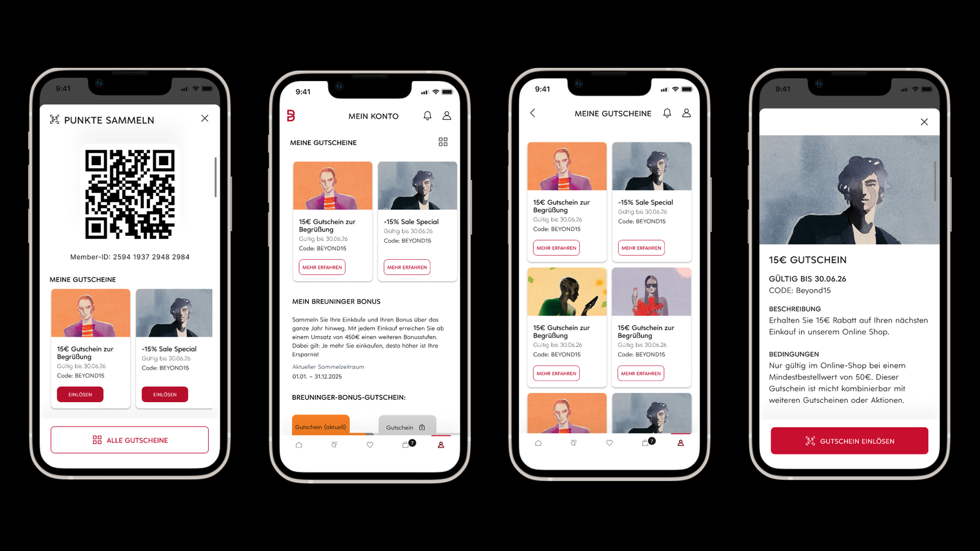 Vier Screens aus dem fertigen Prototyp des neuen Gutscheinbereichs