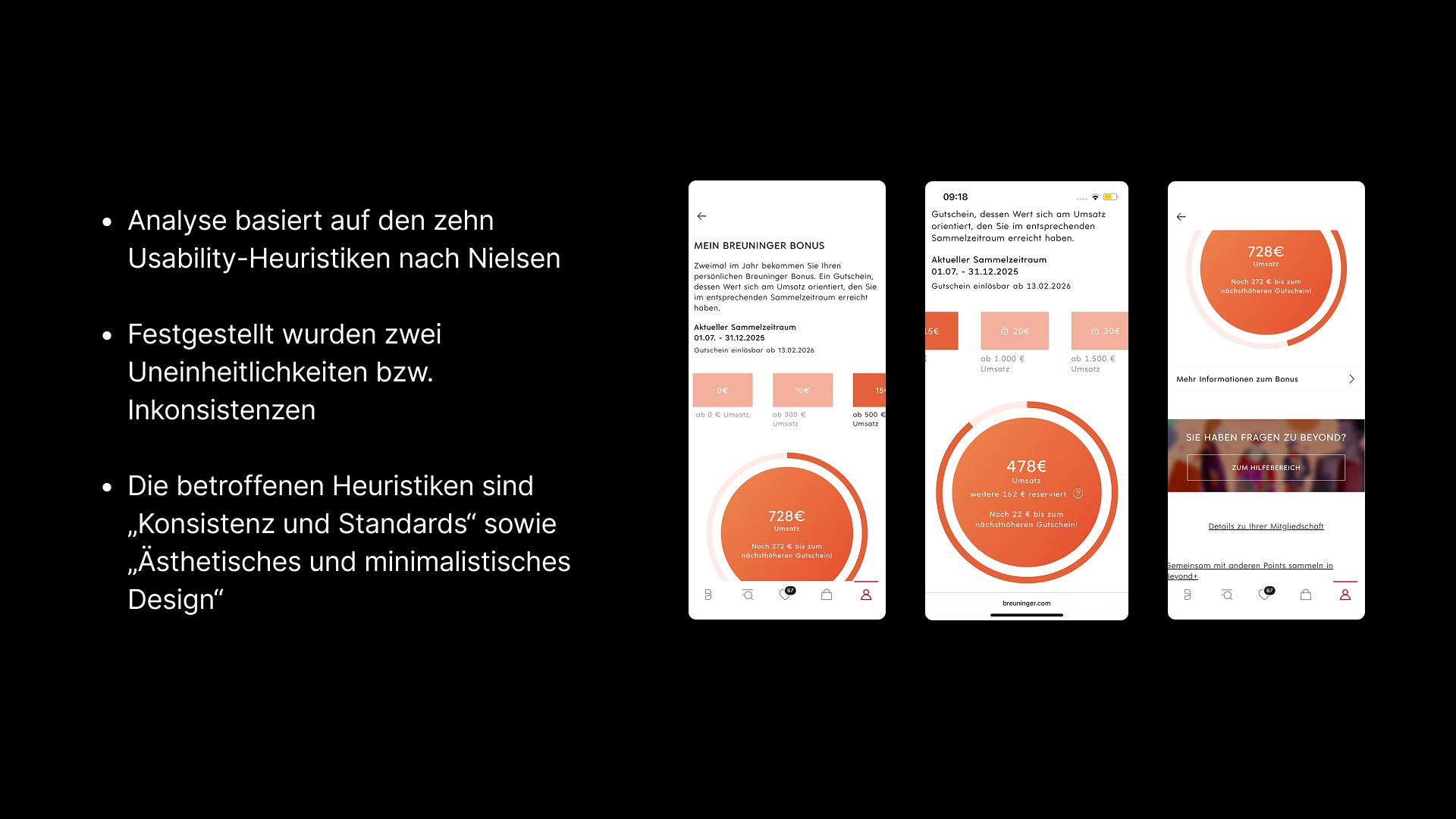Problemanalyse des Breuninger Bonus anhand der Nielsen-Heuristiken: Inkonsistenzen bei Darstellung und Gestaltung