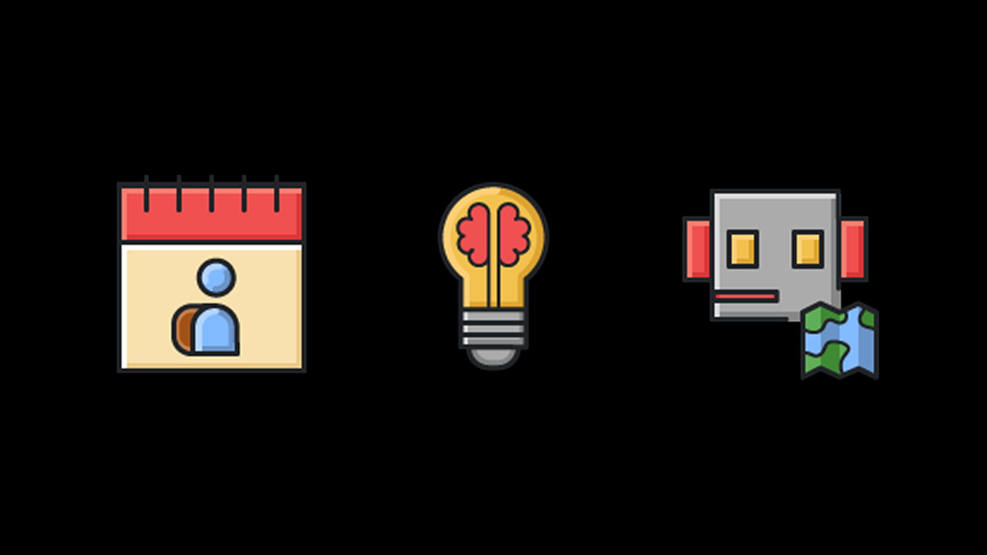 Drei Kontur-Icons für eine Reise-App: Terminplaner, Kreativ-Symbol mit Gehirn und Reiseführer mit Landkarte