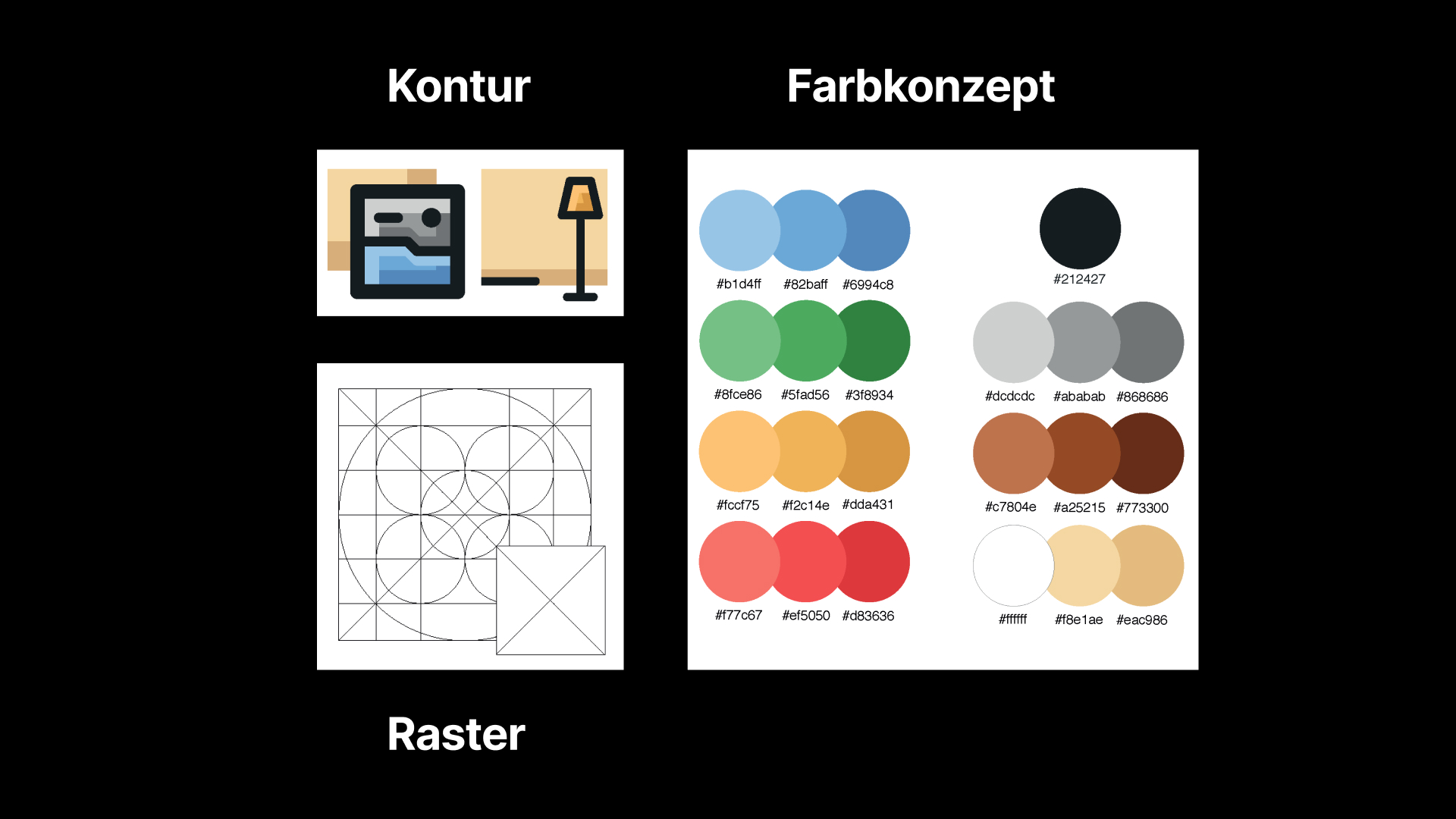 Styleguide-Beispiel mit Icon-Kontur, Rastersystem und Farbkonzept inklusive Farbcodes