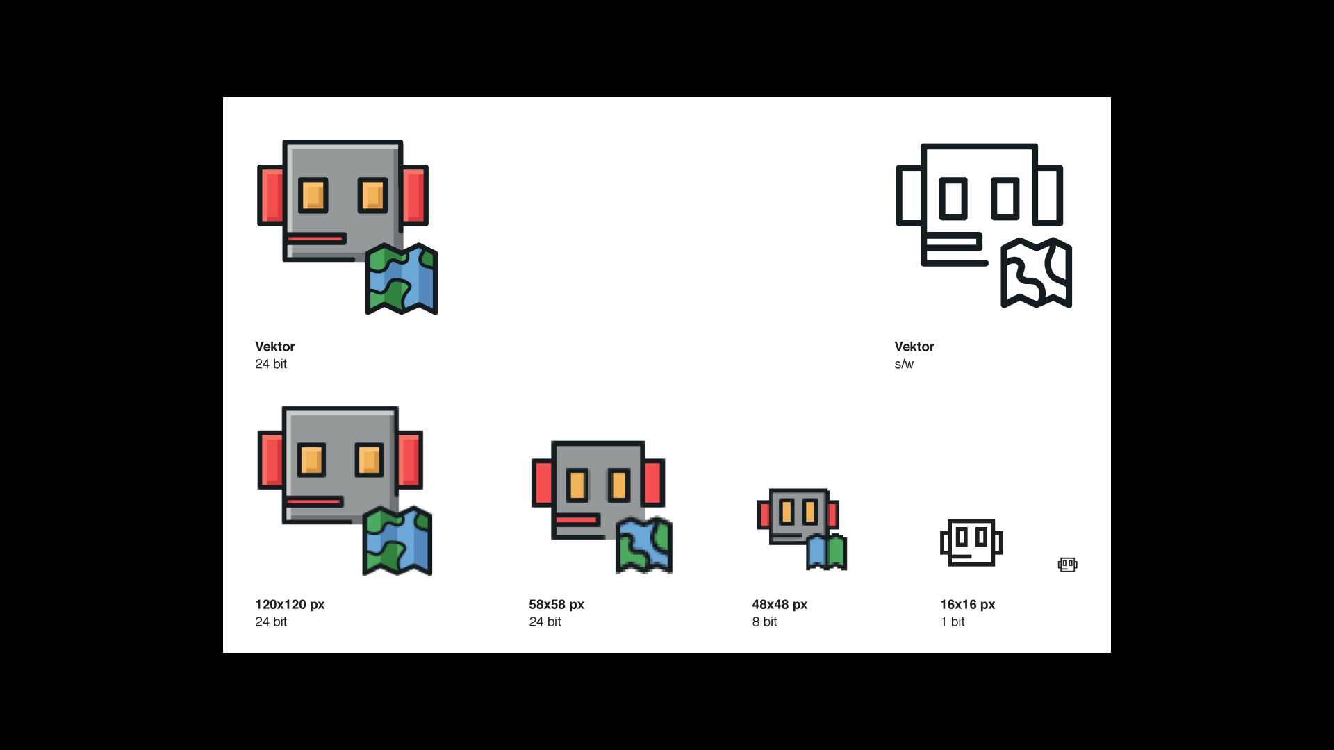 Reiseführer-Icon mit Landkarte in verschiedenen Farbvarianten und Pixelgrößen von 120 bis 16 Pixel