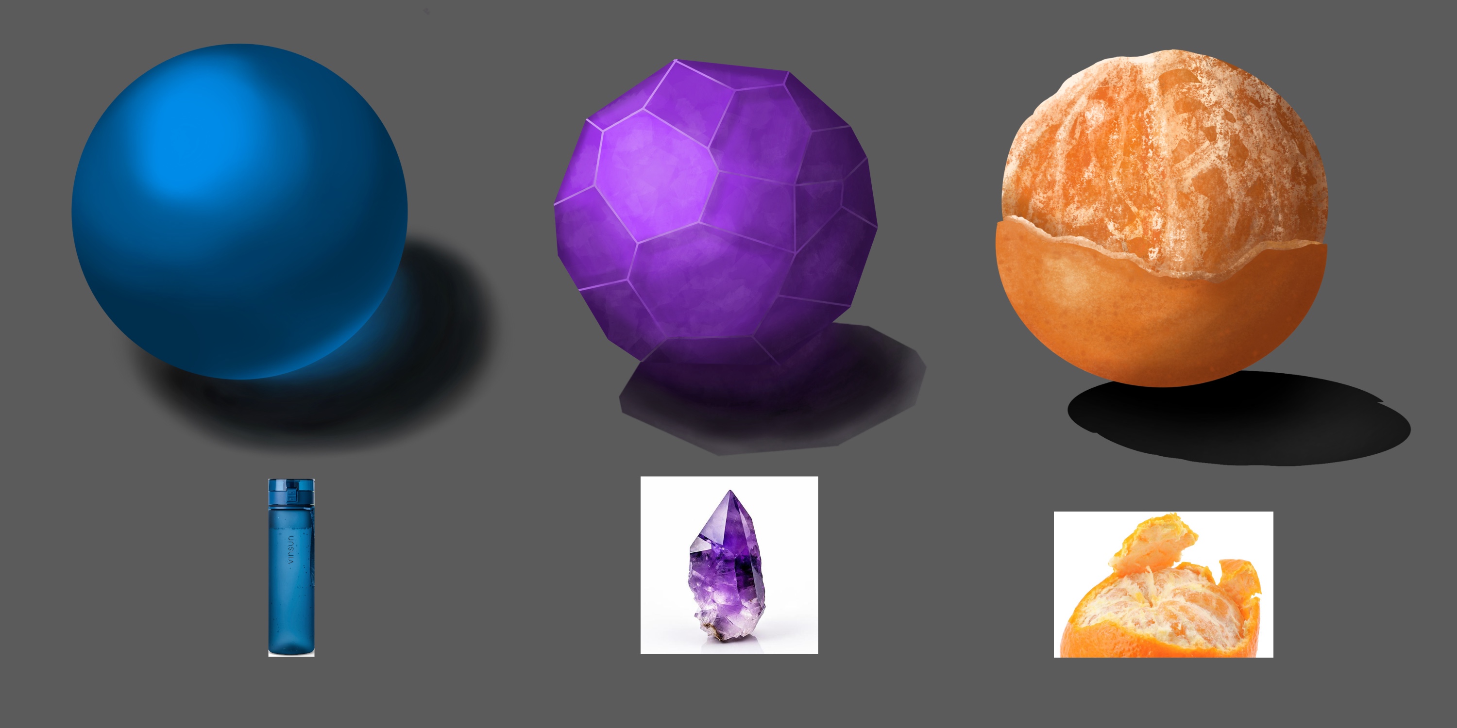 Drei digital gemalte Texturbälle: eine blaue Trinkflasche, ein violetter Amethyst und eine angeschälte Mandarine, jeweils mit Referenzfoto