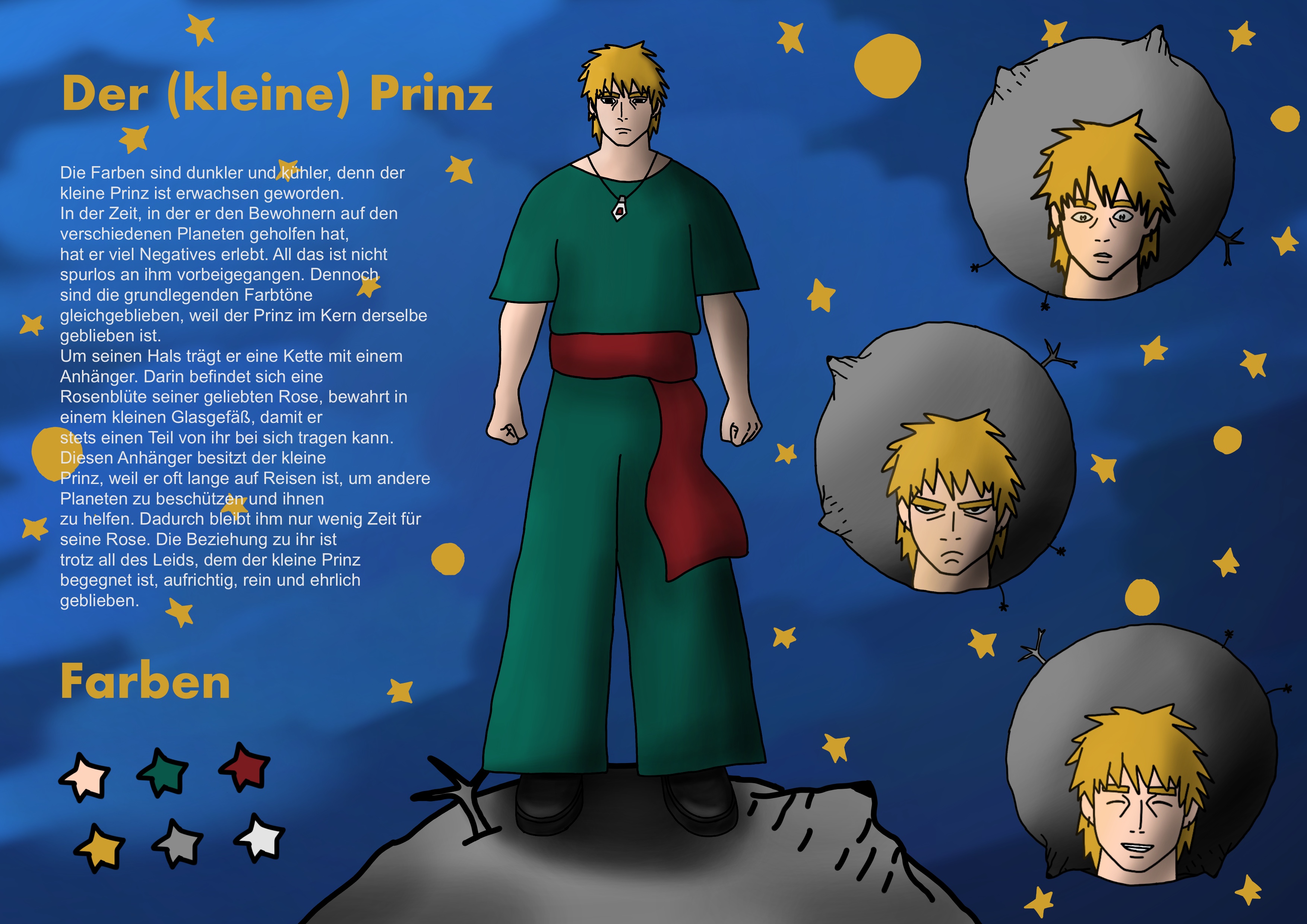 Digital Painting „Der (kleine) Prinz“: erwachsener Prinz in grünem Gewand mit rotem Schärpenband, umgeben von Sternen und drei Gesichtsstudien mit unterschiedlichen Emotionen