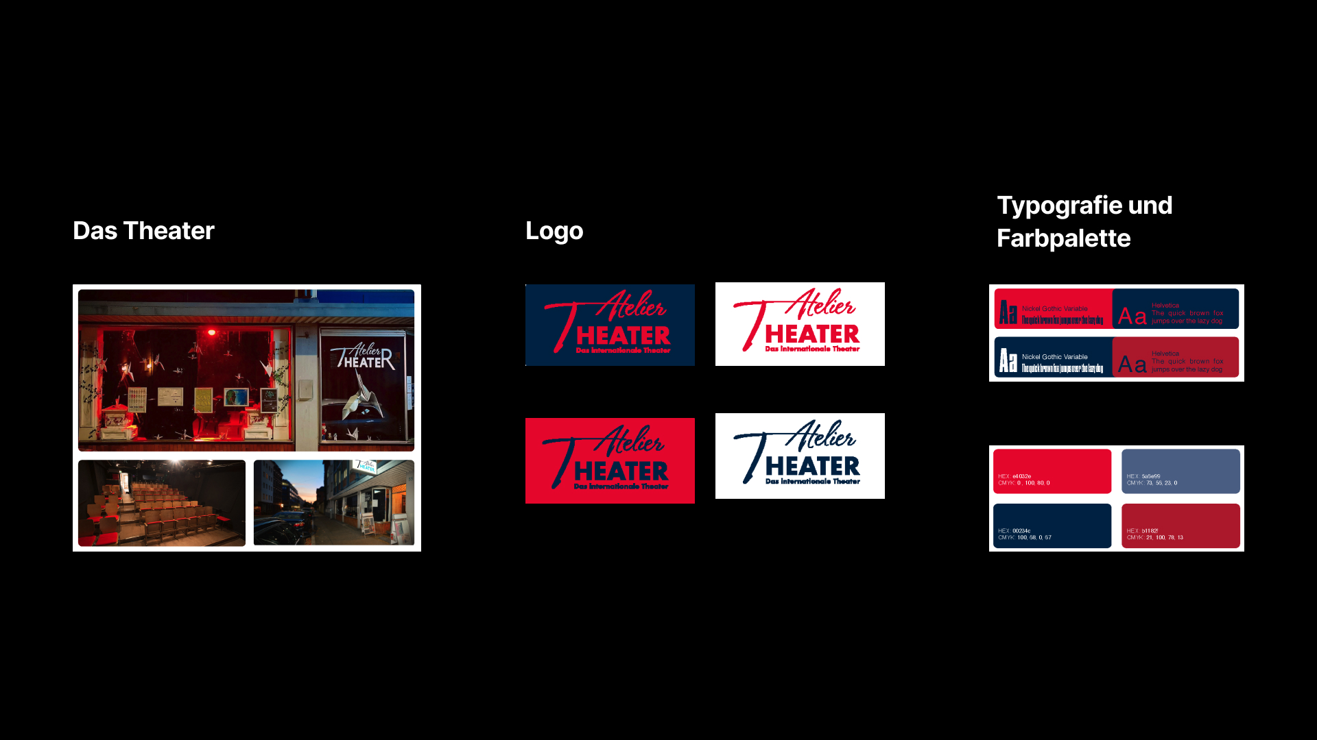 Corporate-Identity-Elemente des Atelier Theaters: Schaufenster-Ansicht, Logo-Varianten in Rot und Dunkelblau sowie Typografie- und Farbpalette