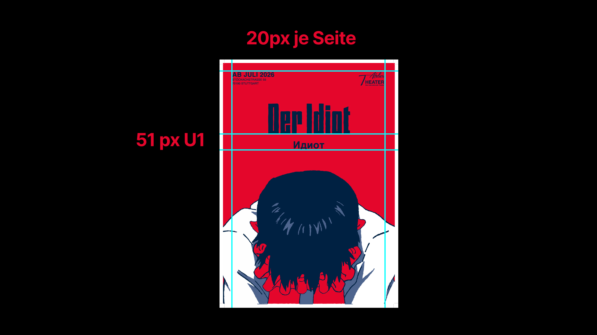 Rastersystem mit Satzspiegel und Randabständen für das Plakat „Der Idiot“