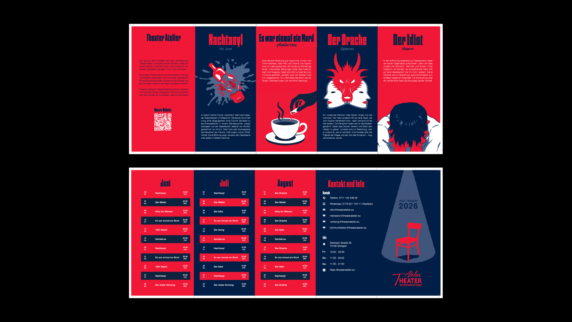 Aufgeklapptes Faltblatt-Mockup des Atelier Theaters mit Vorstellungsübersicht, Spielplan und Kontaktinformationen
