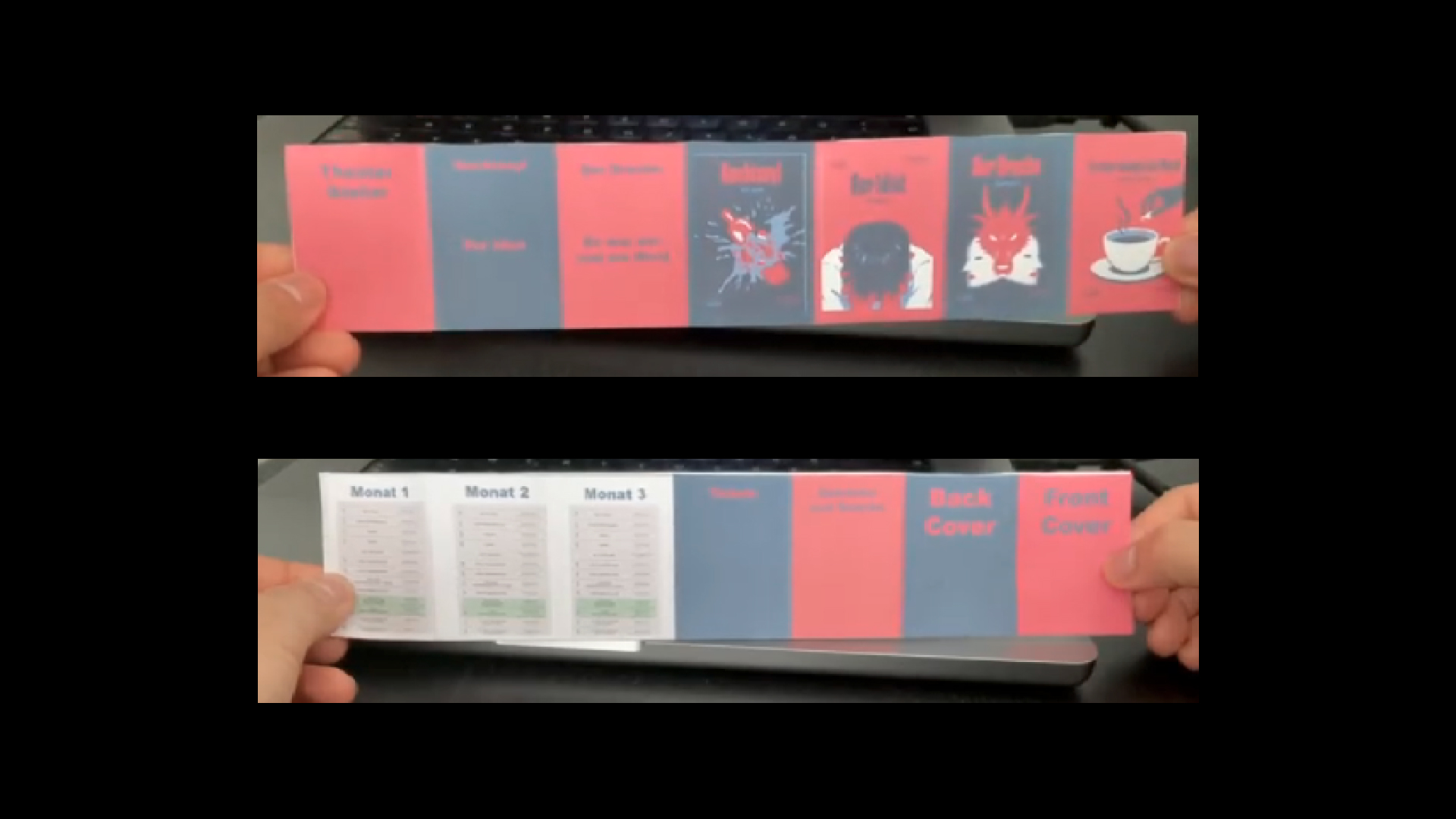 Fotografie eines gedruckten Faltblatt-Entwurfs mit Spielplan- und Titelseiten in der Hand gehalten