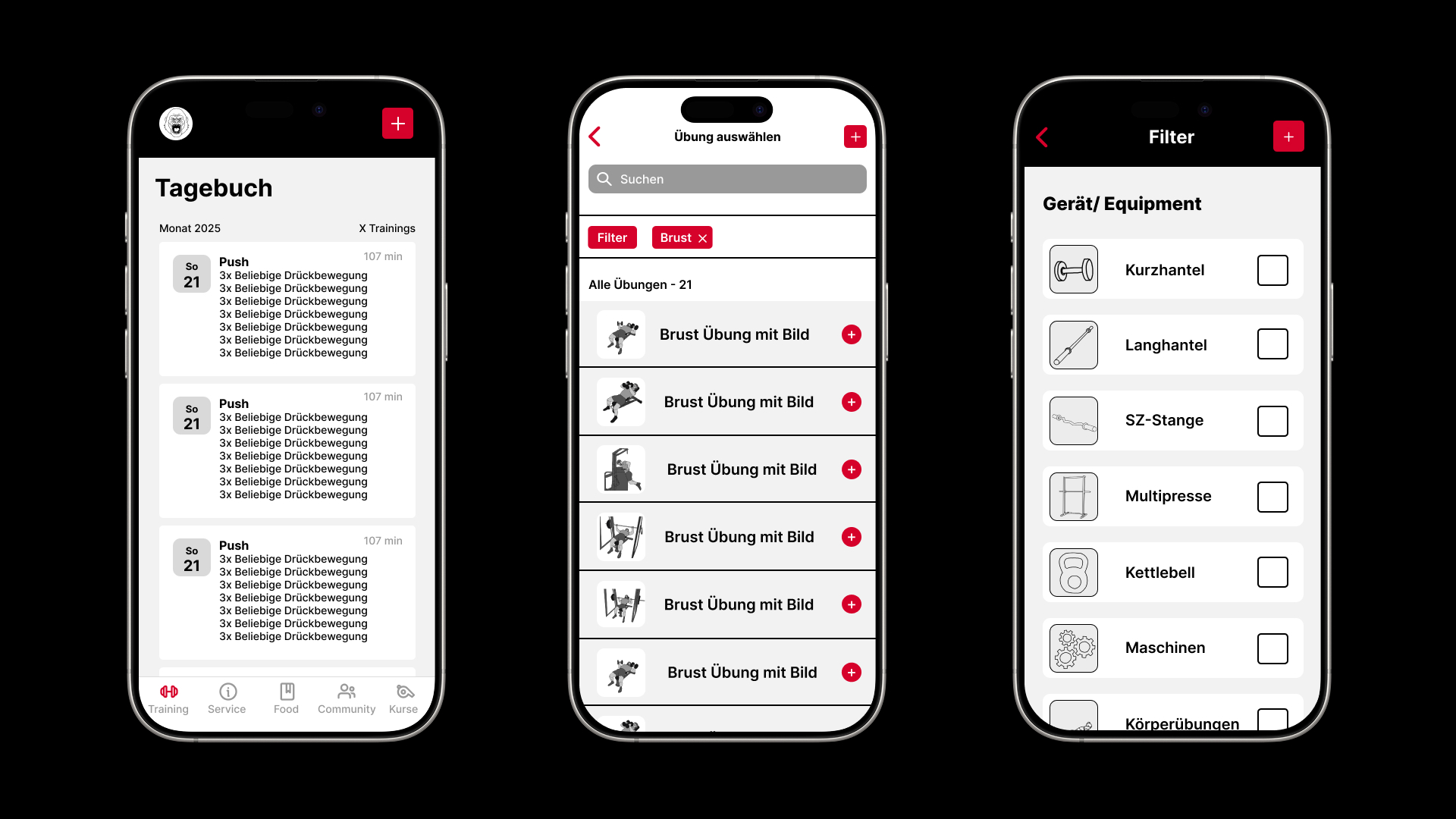 Drei App-Screens der neuen Filterfunktion: Trainingstagebuch, gefilterte Übungsliste und Auswahl des Trainingsgeräts