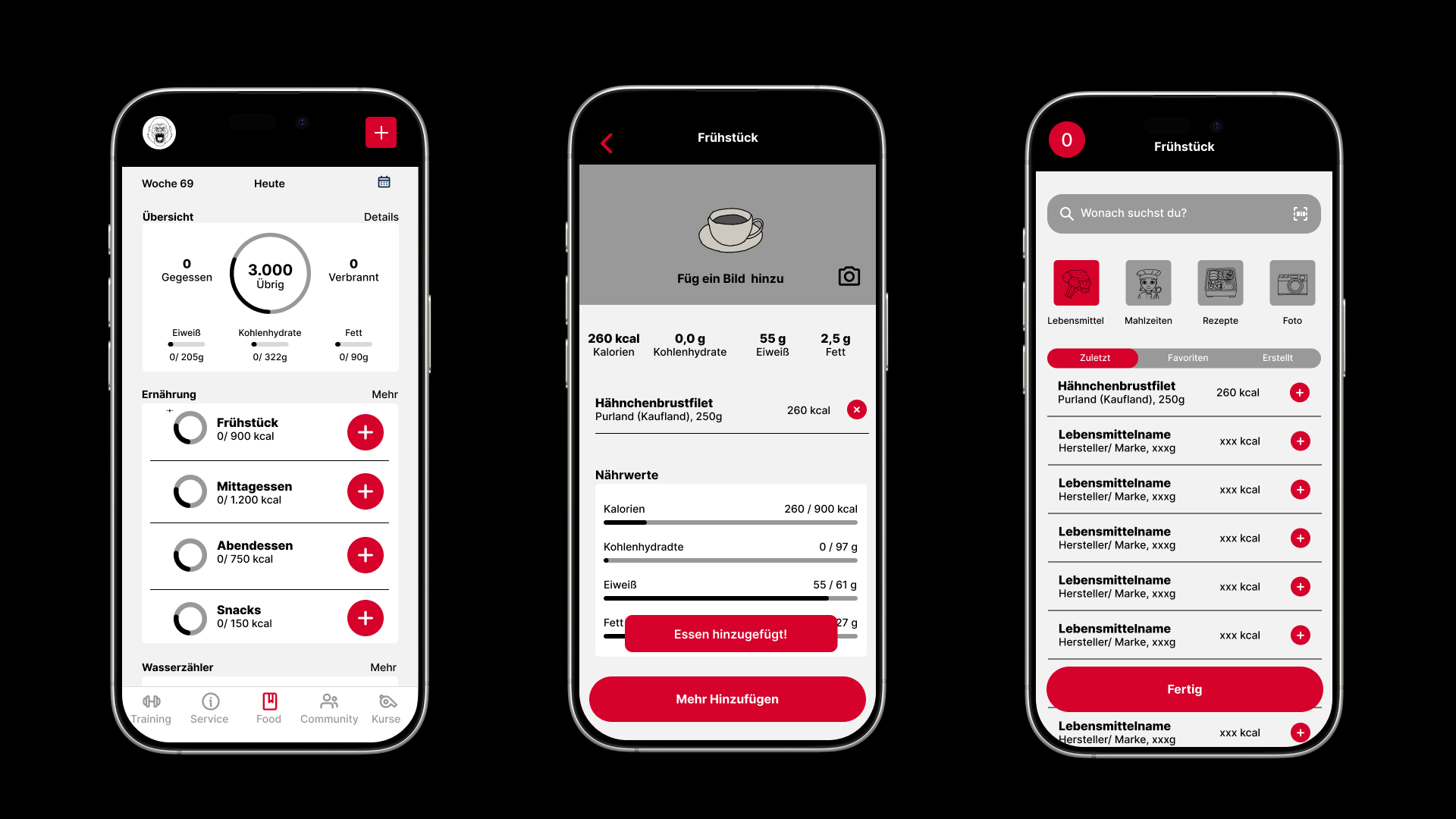 Drei App-Screens des neuen Foodtrackers: Tagesübersicht mit Kalorienring, Mahlzeiten-Detailansicht und Lebensmittelsuche
