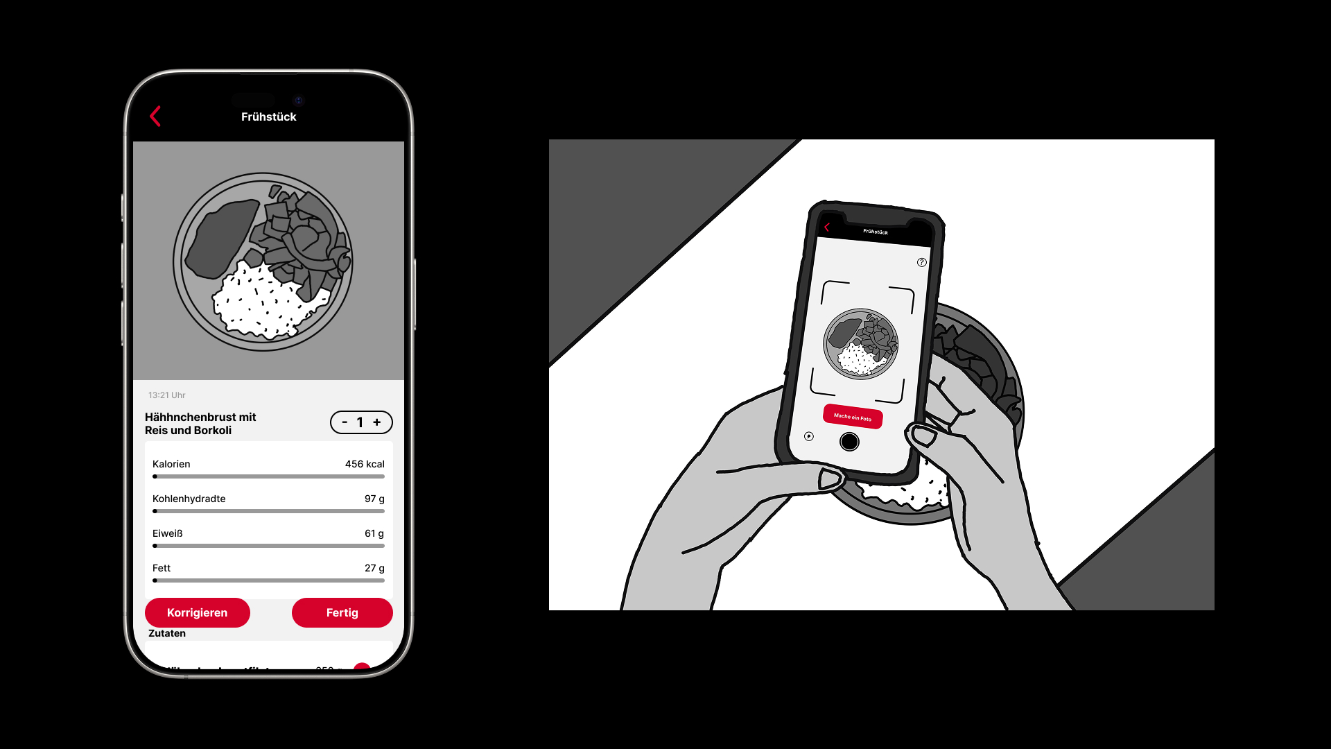 App-Screen und Skizze des Foto-Food-Trackers: eine Mahlzeit wird per Kamera erfasst